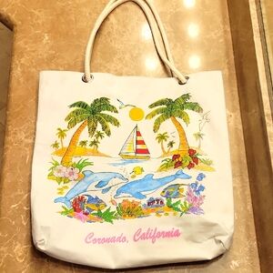 Cream Tropical Scene Canvas Tote Bag with Rope Handles
